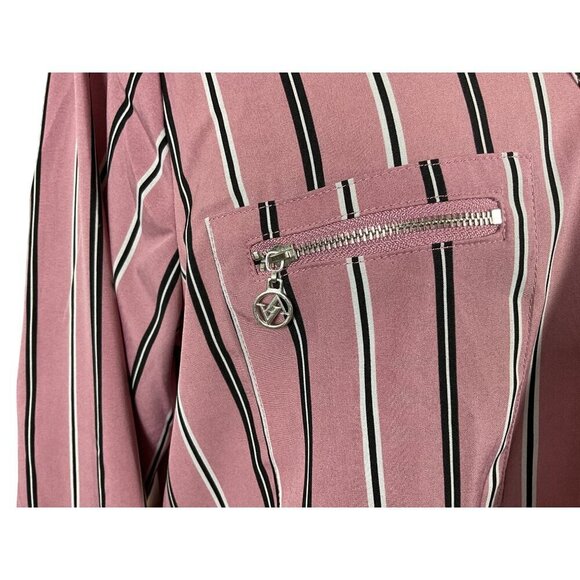 Adrienne Vittadini 3/4 Tab Sleeve V-Neck Pink Striped Pullover Zip Pockets LG - Picture 3 of 10